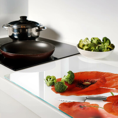 Szklana deska kuchenna z motywem makowych kwiatów w czerwonej kolorystyce