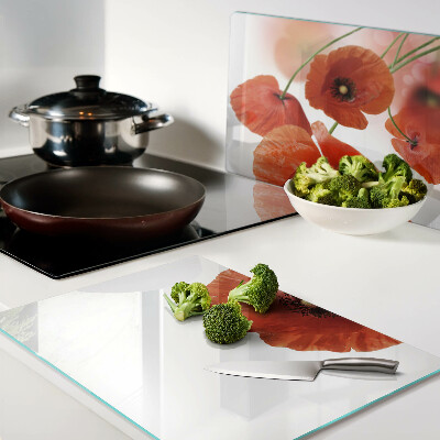 Szklana deska kuchenna z motywem makowych kwiatów w czerwonej kolorystyce