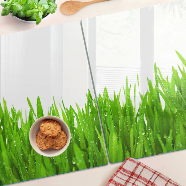 Deska kuchenna szklana z motywem zielonej trawy z kroplami wody