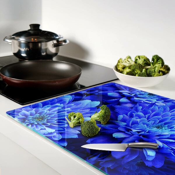 Deska kuchenna szklana z motywem niebieskich chryzantem