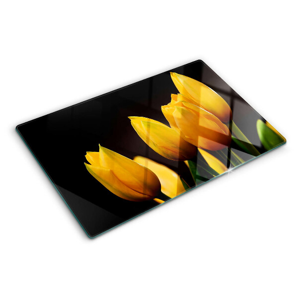 Deska kuchenna szklana z motywem żółtych tulipanów na czarnym tle
