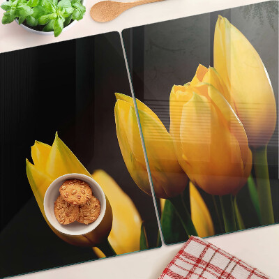 Deska kuchenna szklana z motywem żółtych tulipanów na czarnym tle