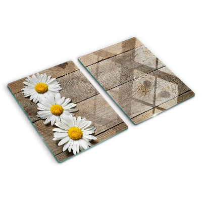 Szklana deska do krojenia z motywem kwiatów na tle drewna