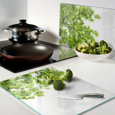 Szklana deska kuchenna z motywem zielonych liści na tle nieba