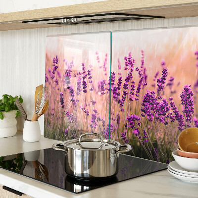 Szklana deska kuchenna z motywem lawendowego pola w promieniach słońca