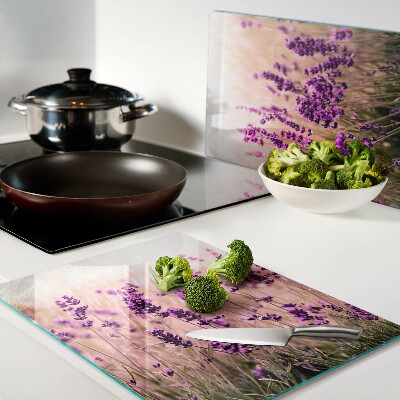 Szklana deska kuchenna z motywem lawendowego pola w promieniach słońca