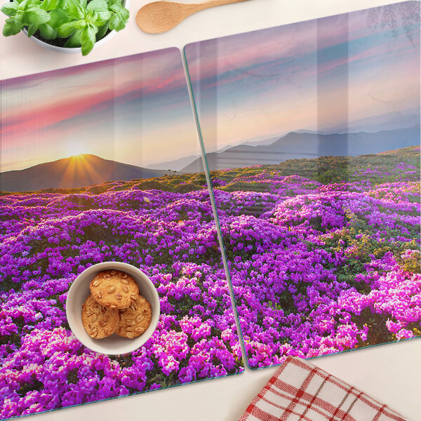 Deska kuchenna szklana z motywem kwiatowego krajobrazu o zachodzie słońca