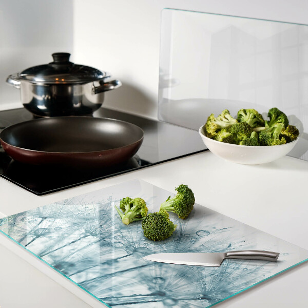 Szklana deska do krojenia z motywem dmuchawców z kroplami wody