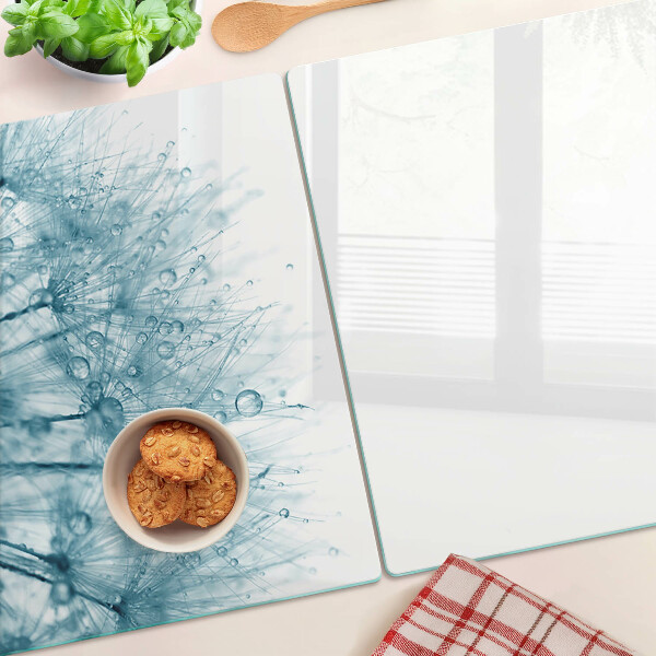 Szklana deska do krojenia z motywem dmuchawców z kroplami wody