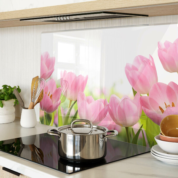 Deska kuchenna szklana z motywem różowych tulipanów w ogrodzie