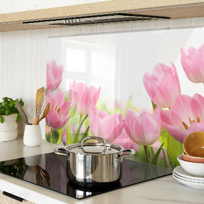 Deska kuchenna szklana z motywem różowych tulipanów w ogrodzie