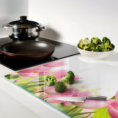 Deska kuchenna szklana z motywem różowych tulipanów w ogrodzie