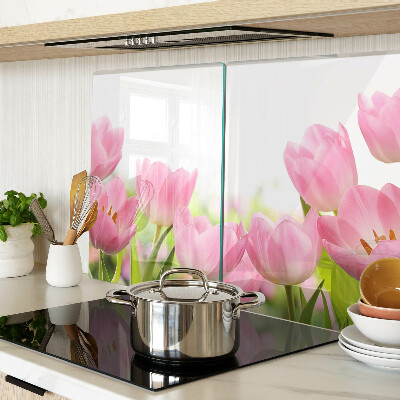 Deska kuchenna szklana z motywem różowych tulipanów w ogrodzie