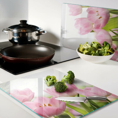 Deska kuchenna szklana z motywem różowych tulipanów w ogrodzie