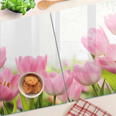Deska kuchenna szklana Różowe tulipany w ogrodzie