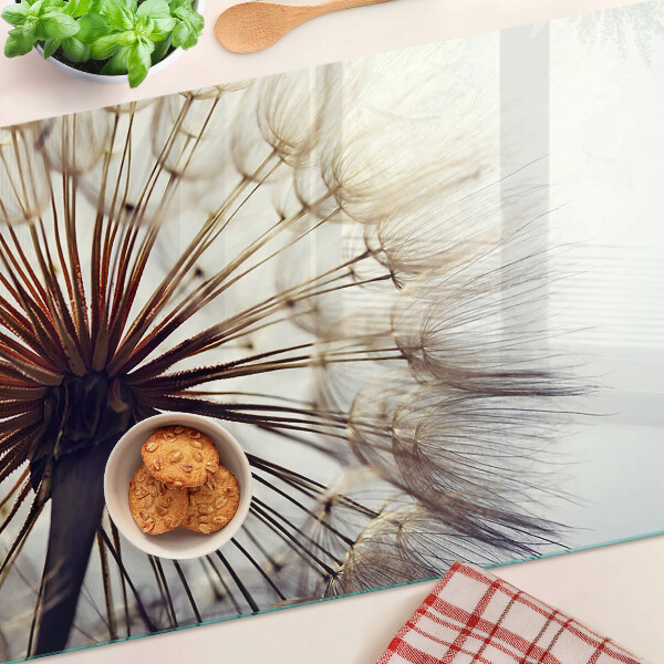 Szklana deska kuchenna z motywem dmuchawców w delikatnym świetle