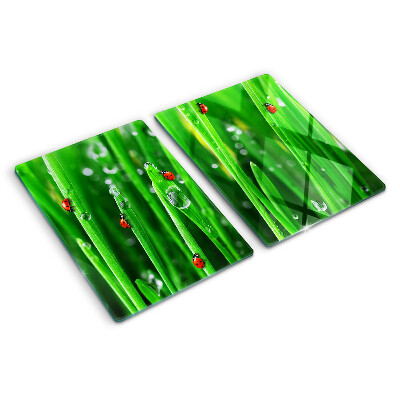 Szklana deska do krojenia z nadrukiem kropli wody na trawie z motywem biedronek
