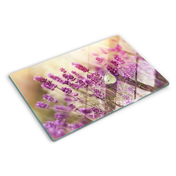 Szklana deska do krojenia z nadrukiem lawendowego pola z motylem