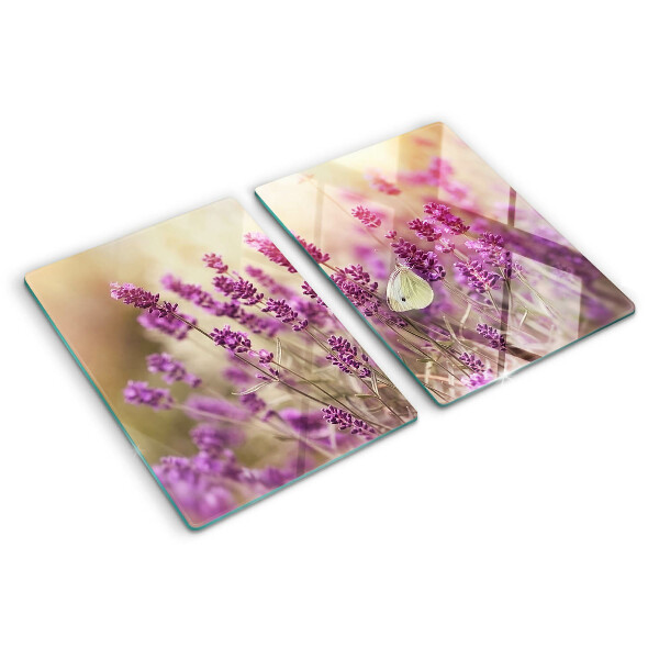Szklana deska do krojenia z nadrukiem lawendowego pola z motylem