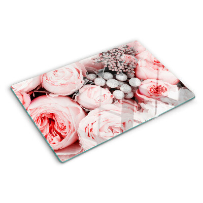 Szklana deska kuchenna z motywem róż w odcieniach różu