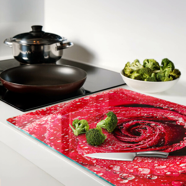 Deska kuchenna szklana z motywem czerwonej róży z kroplami wody