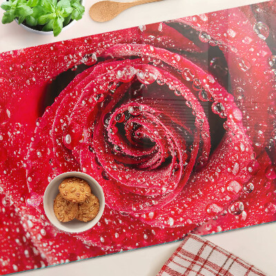 Deska kuchenna szklana z motywem czerwonej róży z kroplami wody