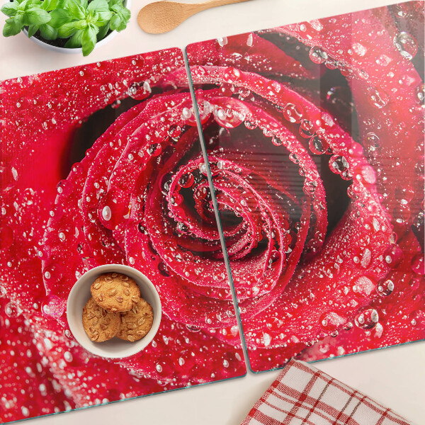 Deska kuchenna szklana z motywem czerwonej róży z kroplami wody