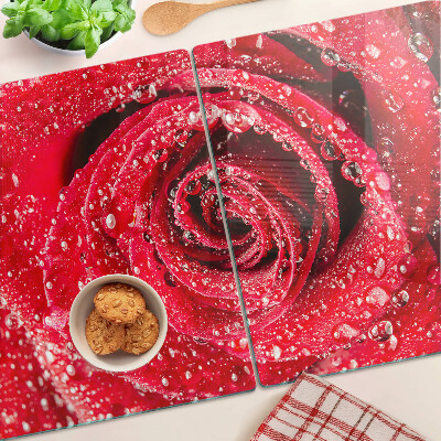 Deska kuchenna szklana z motywem czerwonej róży z kroplami wody