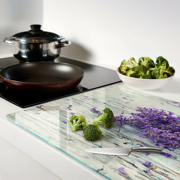 Szklana deska do krojenia z motywem lawendy na tle imitującym drewno