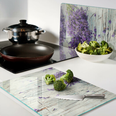 Szklana deska do krojenia z motywem lawendy na tle imitującym drewno