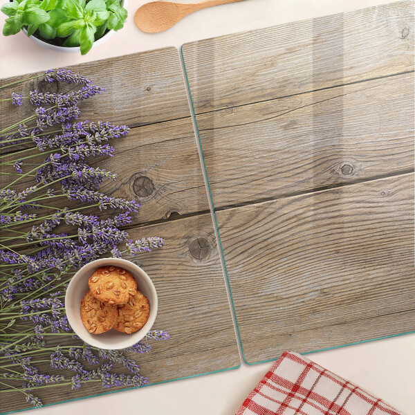 Szklana deska do krojenia z motywem lawendy na tle drewnianym