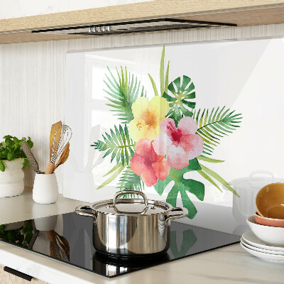 Szklana deska kuchenna z motywem tropikalnych kwiatów i liści