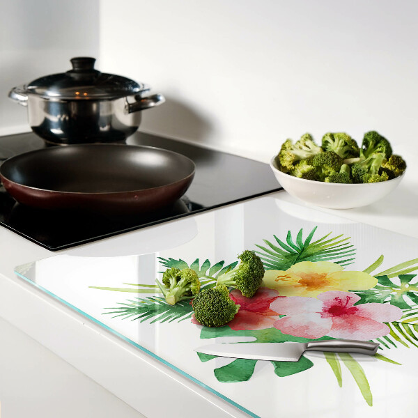 Szklana deska kuchenna z motywem tropikalnych kwiatów i liści