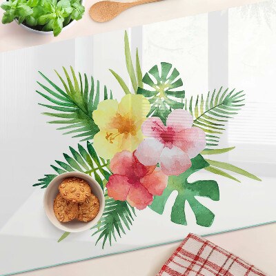 Szklana deska kuchenna z motywem tropikalnych kwiatów i liści