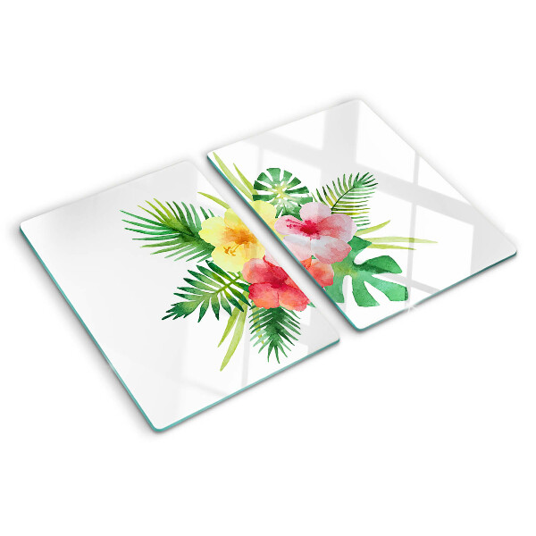 Szklana deska kuchenna z motywem tropikalnych kwiatów i liści