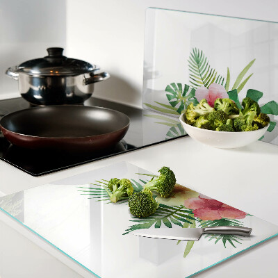 Szklana deska kuchenna z motywem tropikalnych kwiatów i liści