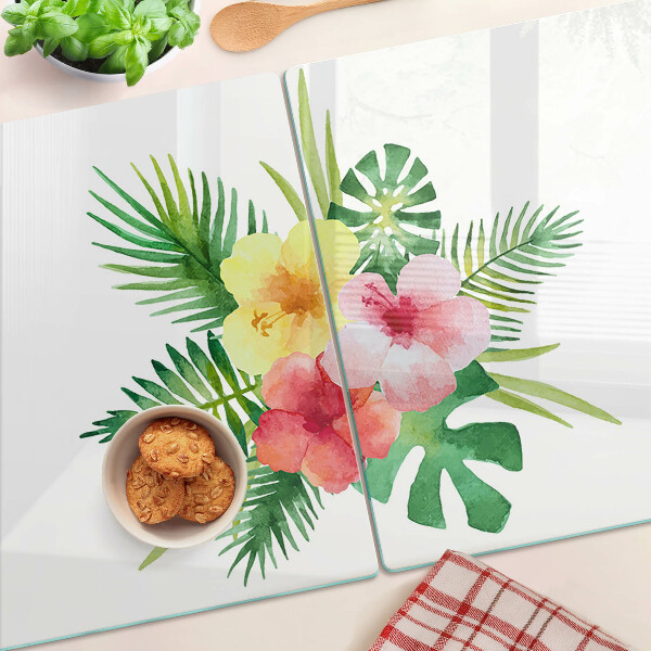 Szklana deska kuchenna z motywem tropikalnych kwiatów i liści