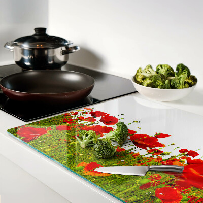 Szklana deska kuchenna z motywem maków na łące