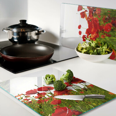 Szklana deska kuchenna z motywem maków na łące