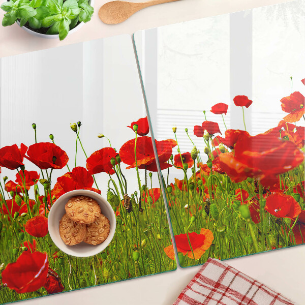Szklana deska kuchenna z motywem maków na łące