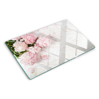 Deska kuchenna szklana z motywem kwiatów piwonii na tle marmuru