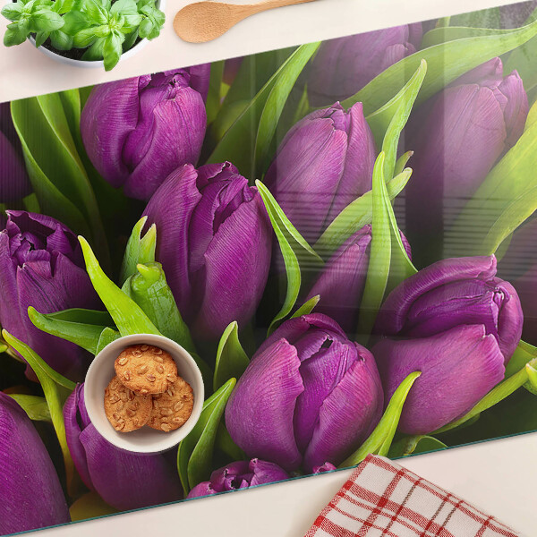 Deska kuchenna szklana z motywem fioletowych tulipanów z zielonymi liśćmi