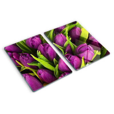 Deska kuchenna szklana Fioletowe tulipany z zielonymi liśćmi