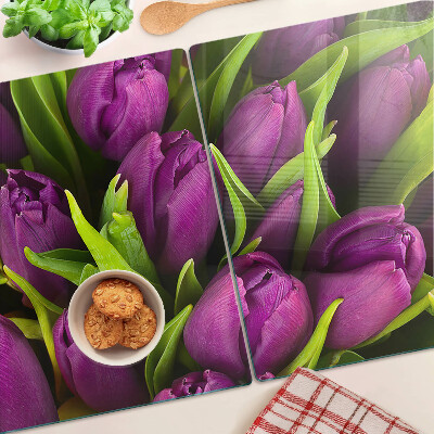 Deska kuchenna szklana Fioletowe tulipany z zielonymi liśćmi