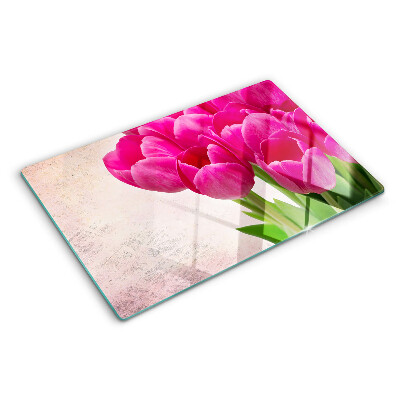 Szklana deska kuchenna z motywem tulipanów na różowym tle