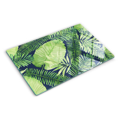 Deska kuchenna szklana z motywem liści tropikalnych na ciemnym tle