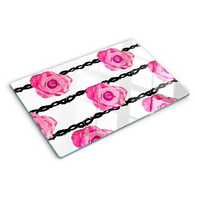 Deska kuchenna szklana z motywem róż na tle czarnej linii