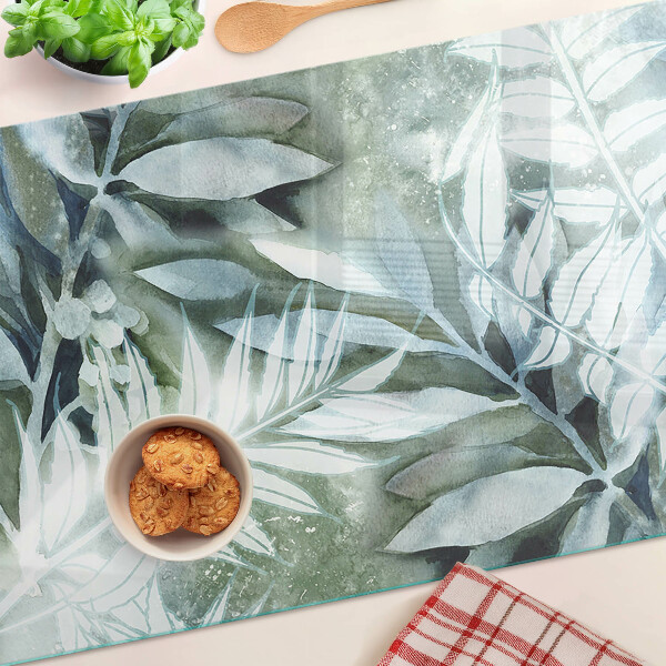 Deska kuchenna szklana z motywem liści tropikalnych w pastelowych odcieniach