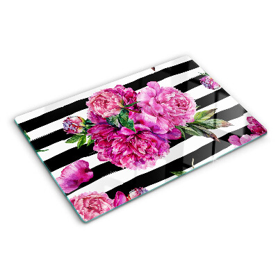 Szklana deska do krojenia z motywem kwiatów piwonii na paskach