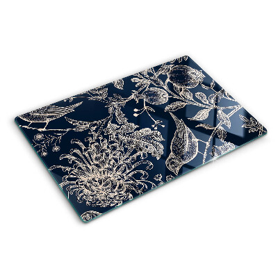 Deska kuchenna szklana z motywem kwiatów i ptaków na ciemnym tle